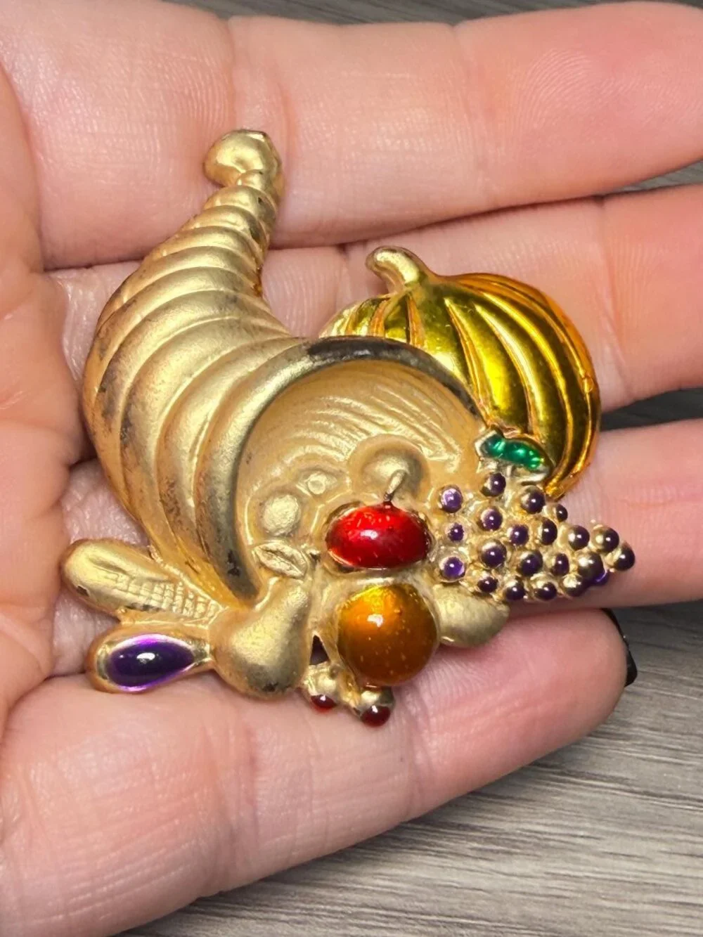 Vintage Cornucopia Brooch Gold Tone Rhinestone Fruit Fall Harvest 2.6”